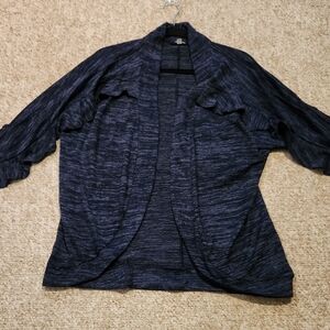 August Silk Midnight Blue Open-Front Sweater with ruffled sleeves